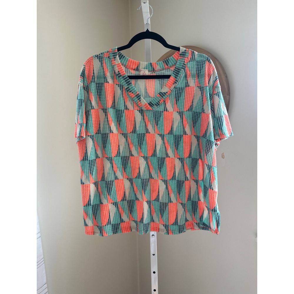 Like Love Women Geometric Abstract Knit V-Neck Top Coral Teal White Size Medium
